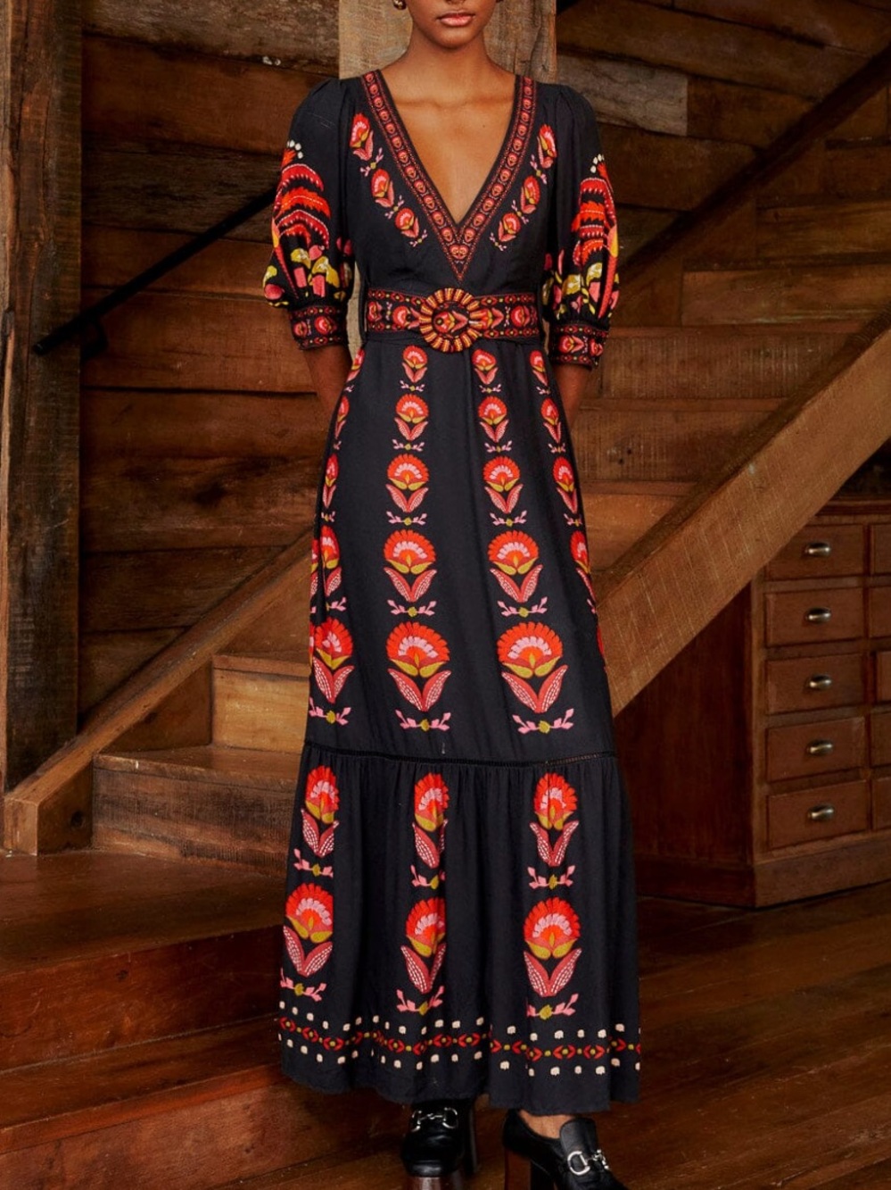 Farm Rio Black Palms Party Maxi *missing belt*